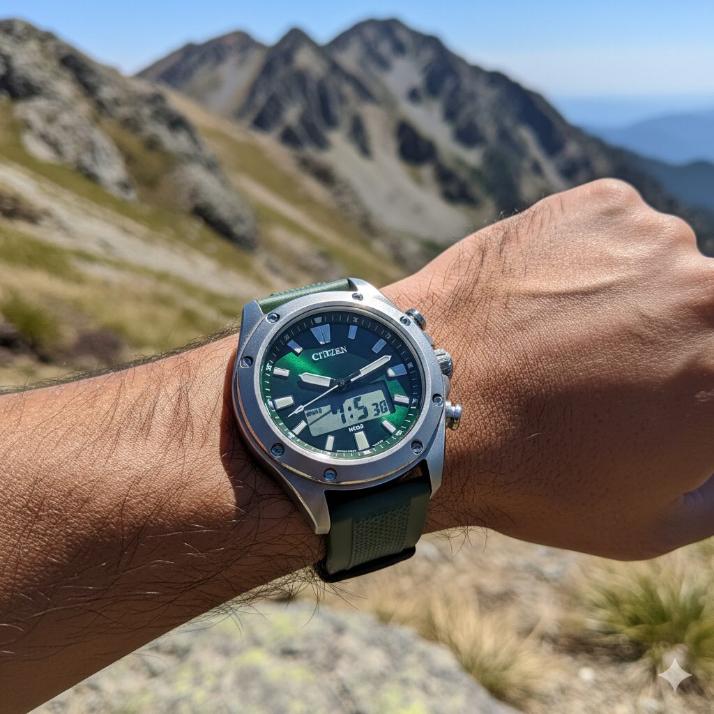 強い直射日光の下、日本人男性の腕でシチズン プロマスター U822のMIP液晶がはっきりと読み取れる様子。