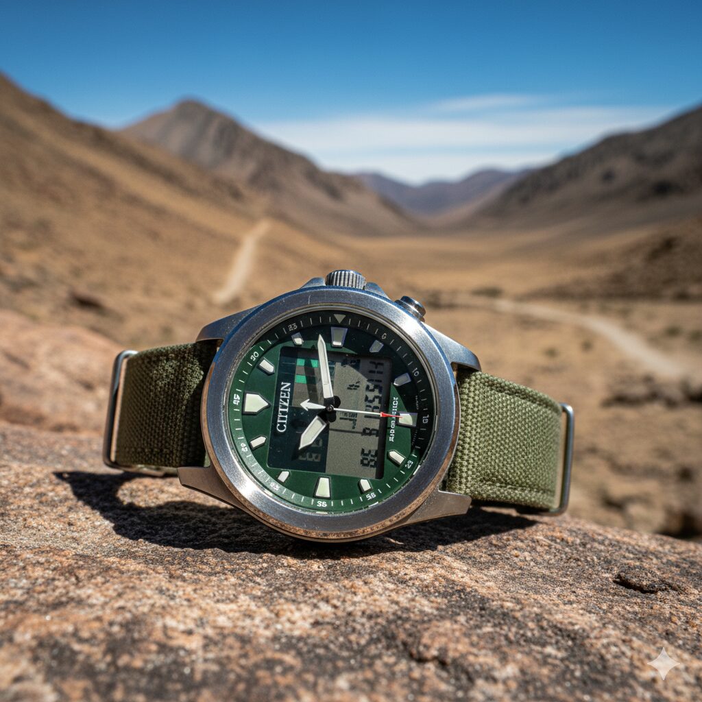 明るい屋外の岩場に置かれたシチズン プロマスター ランド U822。MIP液晶ディスプレイが高い視認性を示している。