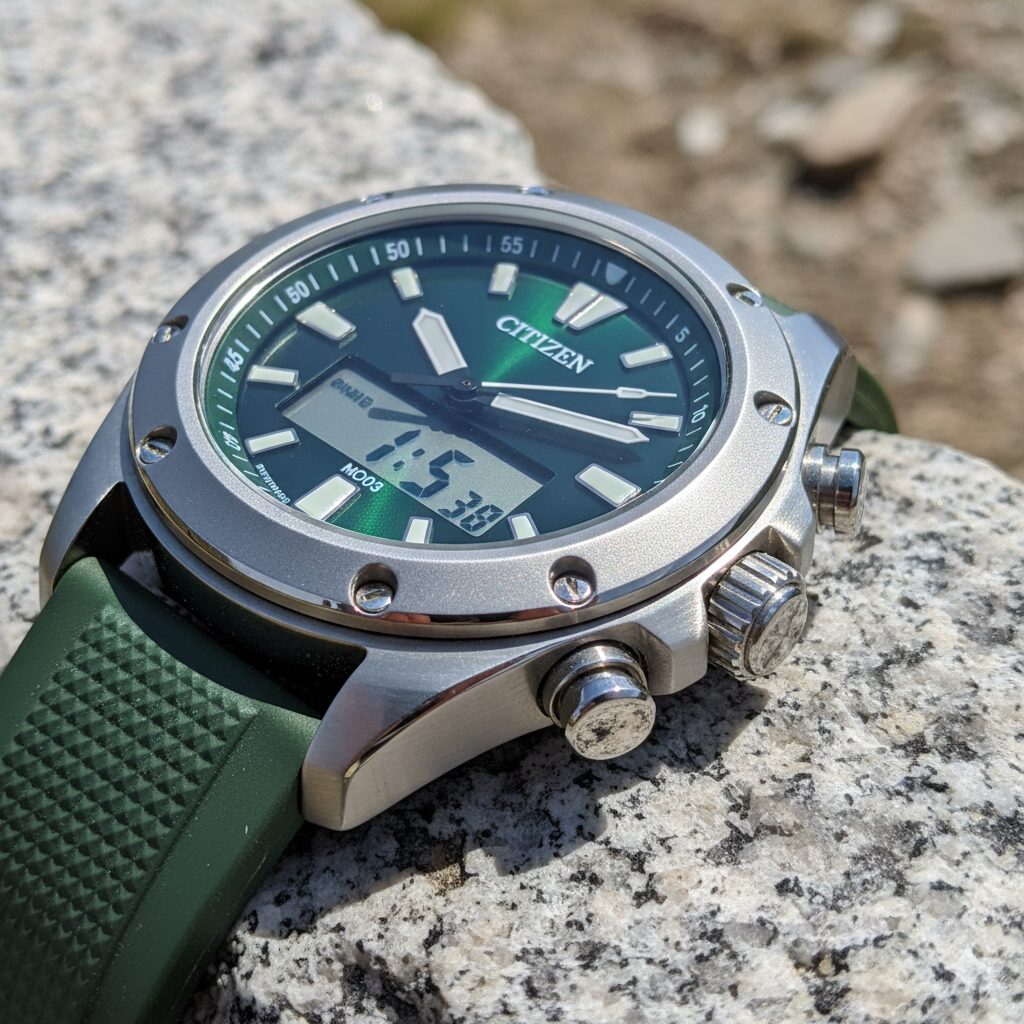 シチズン プロマスター U822のクローズアップ。重厚なステンレスケースの質感と、傷のないサファイアクリスタルの風防。