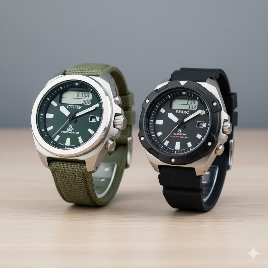 MIP液晶を搭載したシチズン プロマスター U822（左）と、レトロなデザインのセイコー アーニー（右）を並べて比較した画像。