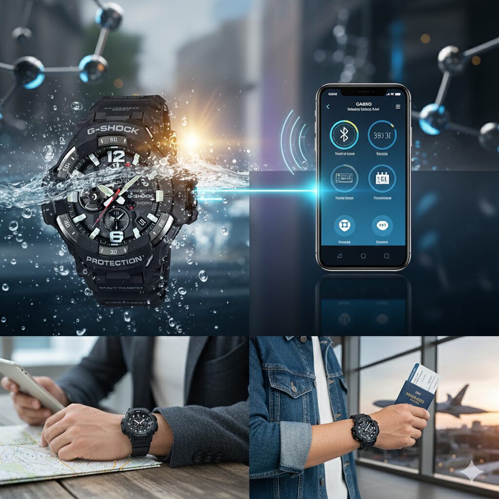 G-SHOCK GR-B300とスマートフォンアプリの画面を並べた、Bluetooth連携とタフソーラー充電のイメージ。