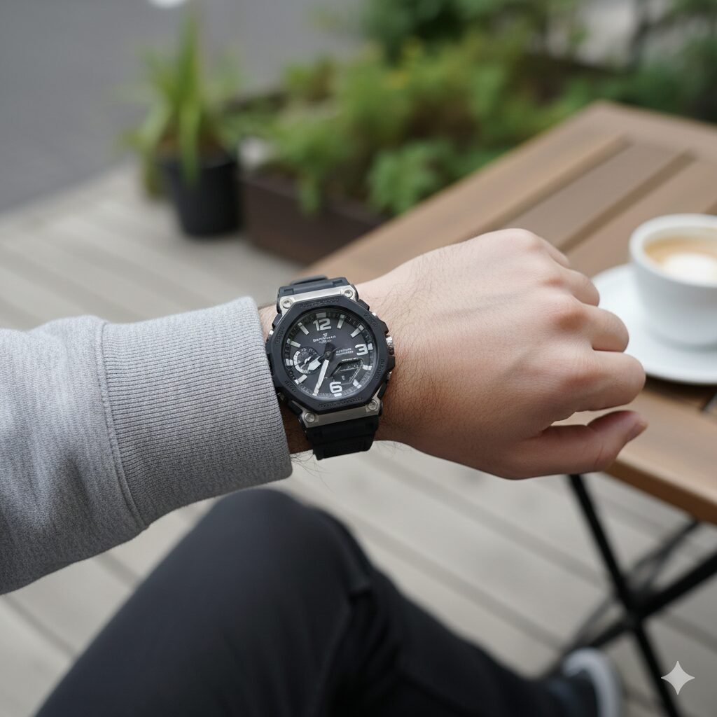 私服の日本人男性の腕に装着されたG-SHOCK GR-B300。装着感とケースサイズを強調。