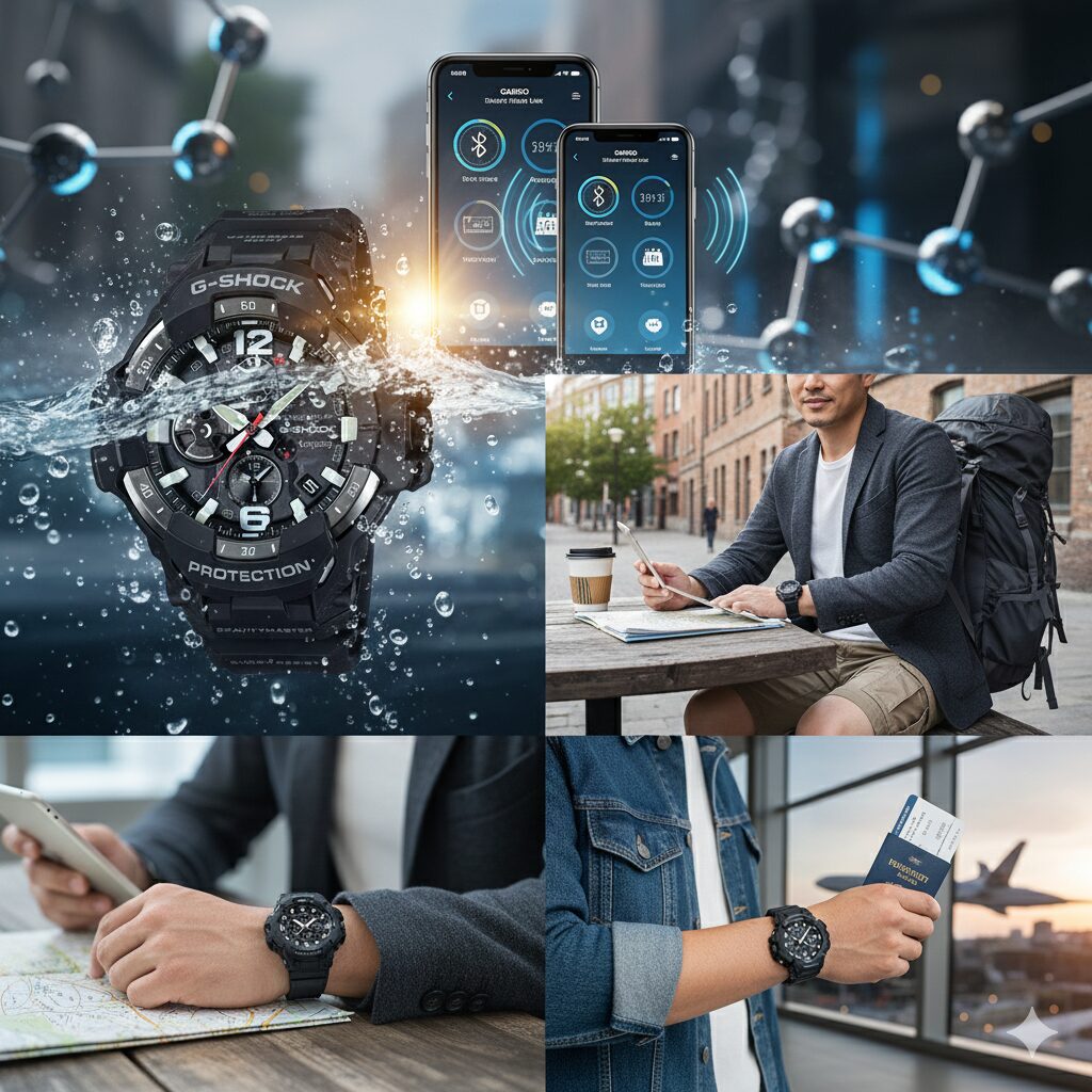 カーボンコアガード構造を強調するカーボン繊維の質感と、水に濡れたGR-B300。