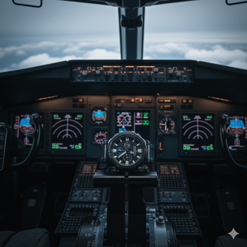 現代の航空機コックピットの計器盤と操縦桿の前に置かれたG-SHOCK GR-B300。