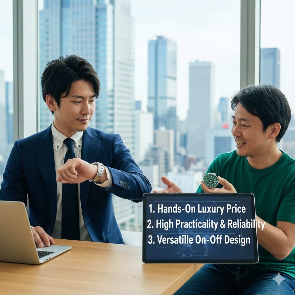 オフィスらしき場所で、スーツ姿の日本人男性が腕のタグホイヤーの時計を見ながら、カジュアルな服装の日本人男性と話している。カジュアルな男性はタブレットを指しており、タブレットには「Hands-On Luxury Price」「High Practicality & Reliability」「Versatile On-Off Design」という英語のテキストが表示されている。背景には都会のビル群が見える。