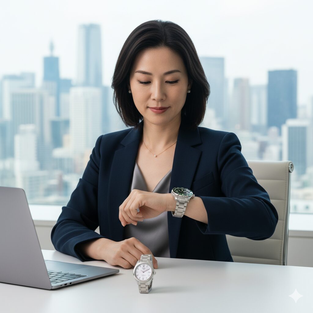 高層ビルのオフィスで、窓から都会の景色を望む席に座るビジネススーツを着た日本人女性が、腕に着けたタグホイヤーの時計を見ている。デスクには別のタグホイヤーの時計とノートパソコンが置かれており、知的で自立した現代の女性がタグホイヤーを愛用する様子を表している。