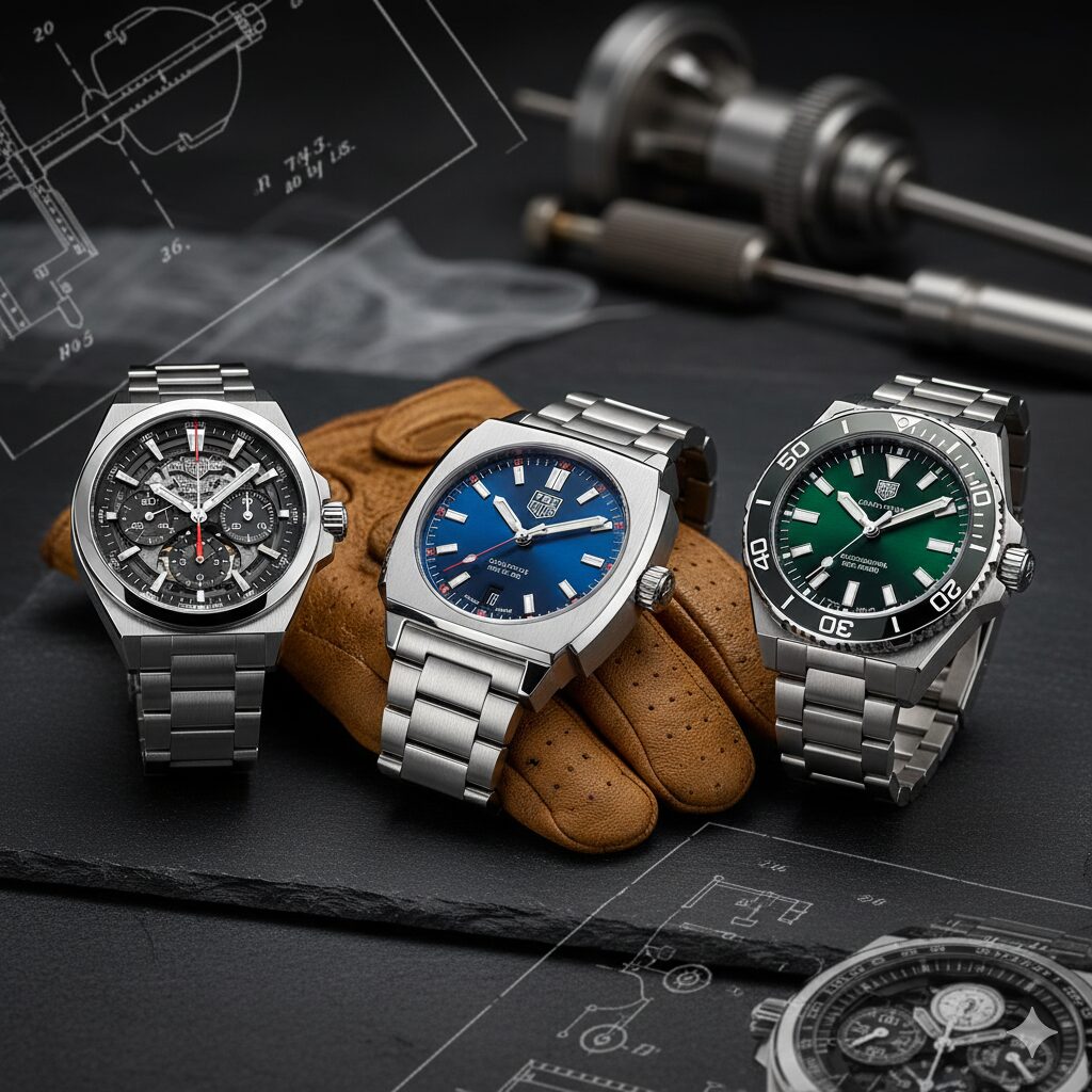 時計の設計図が敷かれた作業台の上に、タグホイヤーの異なるモデル（クロノグラフ、スクエアケースのモナコ、ダイバーズウォッチのアクアレーサー）が並べられている。中央には時計職人の革手袋が置かれ、背景には精密な時計工具が配置されており、タグホイヤーの技術力と多様なラインナップ、高品質を表現している。