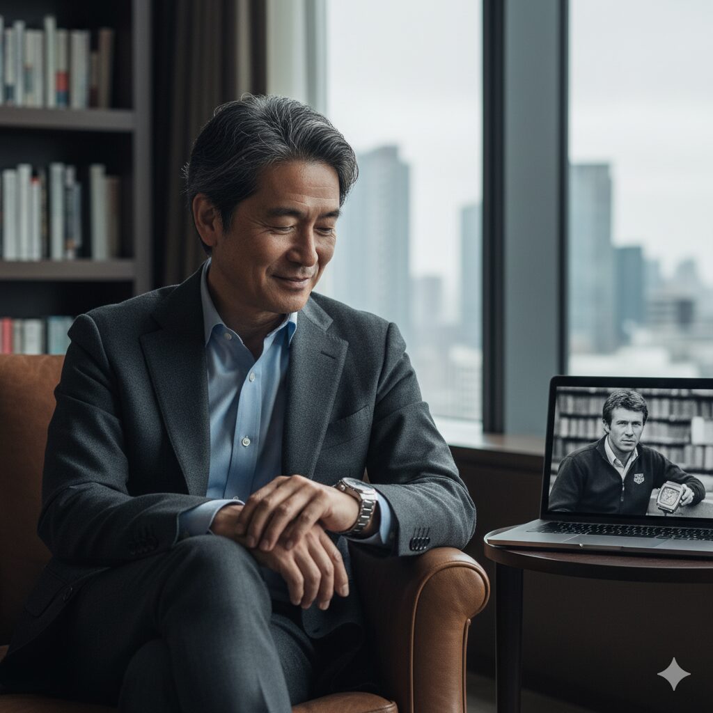 窓から都会の景色が見える書斎のような空間で、落ち着いたスーツを着た40代〜50代の日本人男性が、タグホイヤーの時計を腕に着けて満足げな表情で眺めている。隣のテーブルには、スティーブ・マックイーンがタグホイヤーを着用しているモノクロの写真が表示されたノートパソコンが置かれている。