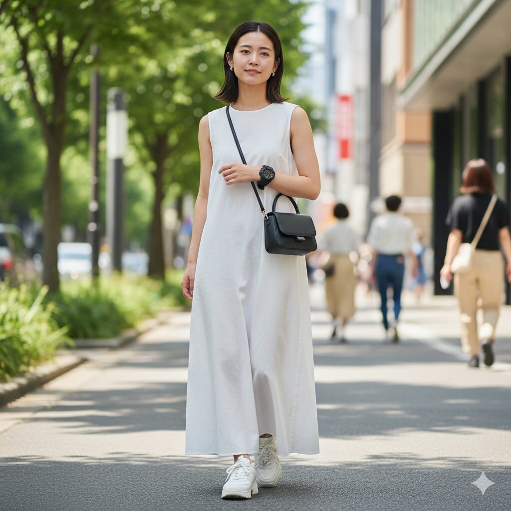 白いシンプルなワンピースに、あえて黒いG-SHOCKを合わせた日本人女性のおしゃれな「ハズし」コーデ。