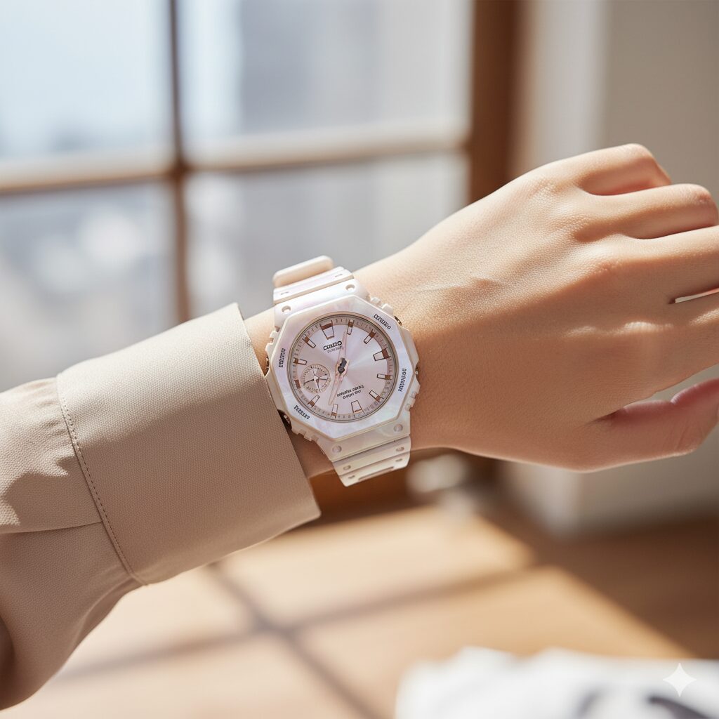 ベージュのブラウスに、上品なパール塗装のG-SHOCK「カシオーク」2100系モデルを合わせたオフィスカジュアルコーデ。