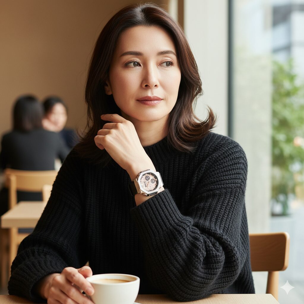 黒いニットにG-SHOCKのメタルカバーモデル（GMS 110）を合わせた大人の女性。高級感と洗練された印象。