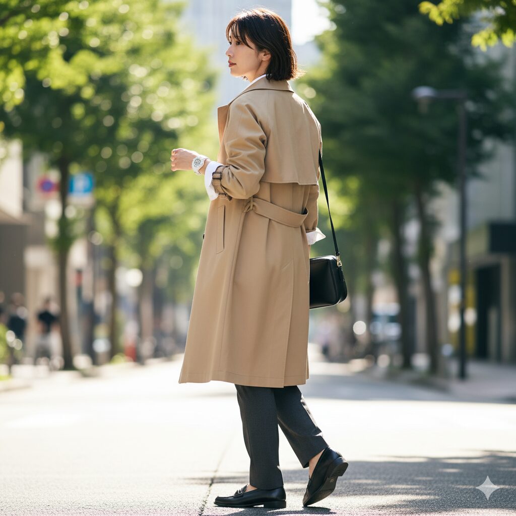ベージュのトレンチコートの袖口から、あえて白いG-SHOCKを見せた、きれいめコーデの「ハズし」テクニック。