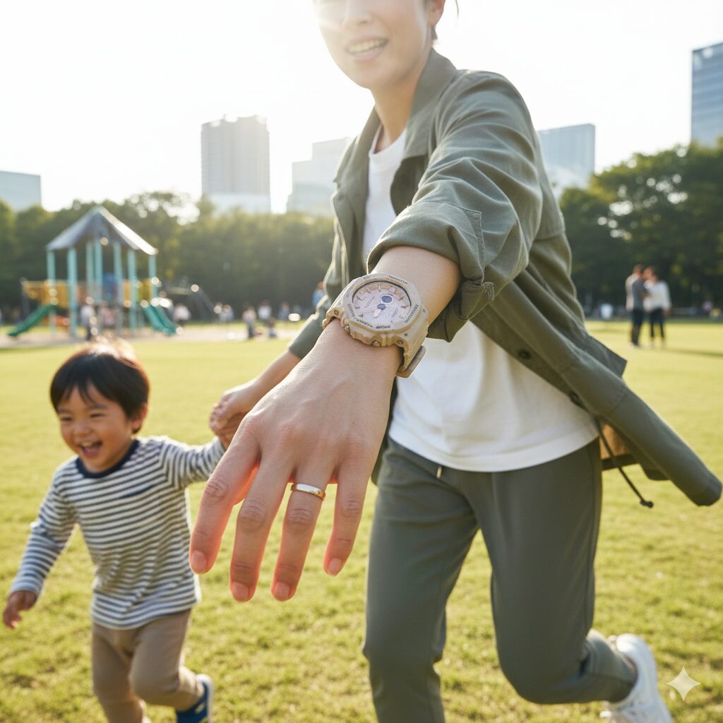 公園で子供と遊ぶ母親の手首に着けられたG-SHOCK。日常生活でのタフな実用性を示している。