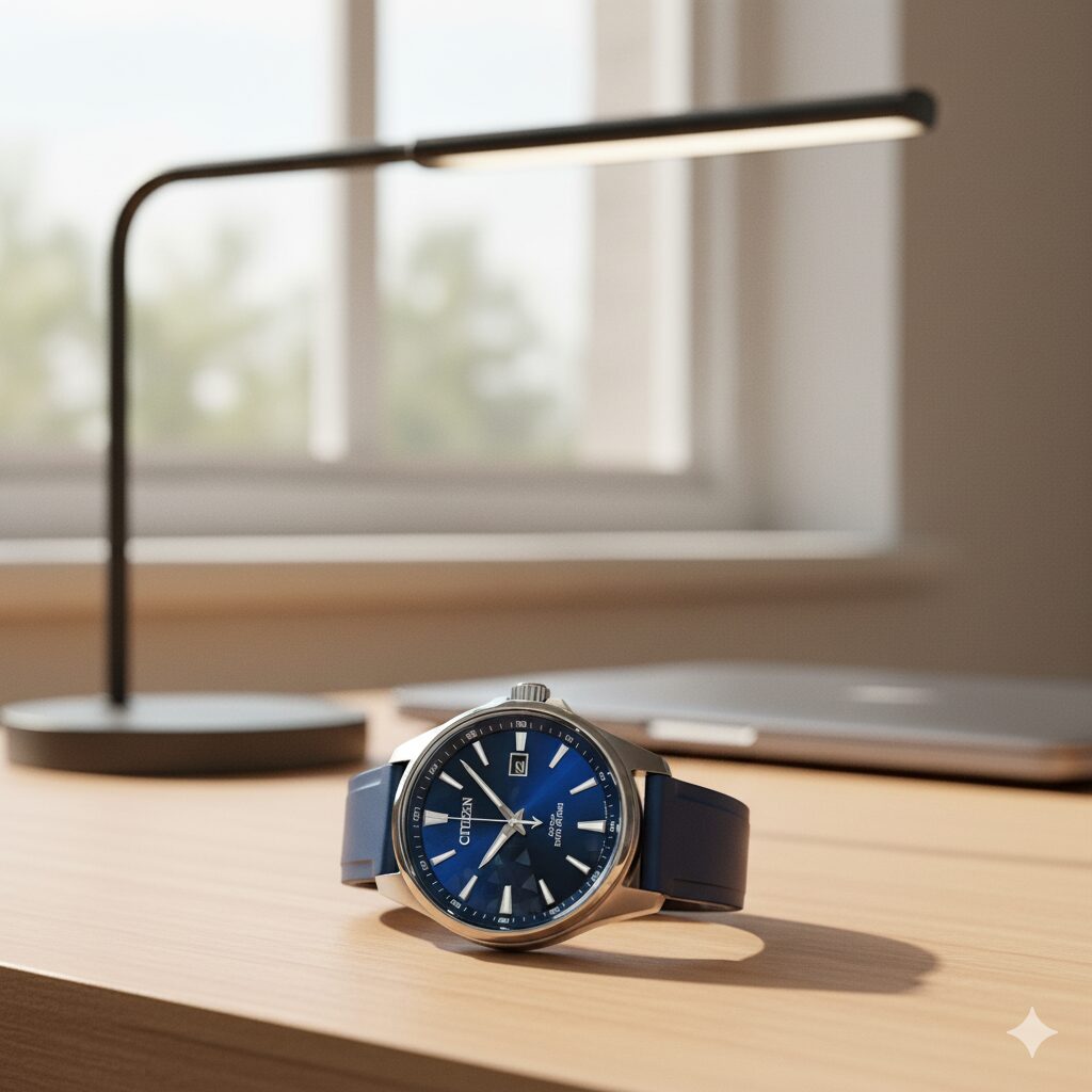 - 光を浴びて充電するシチズンのエコ・ドライブ腕時計の文字盤。