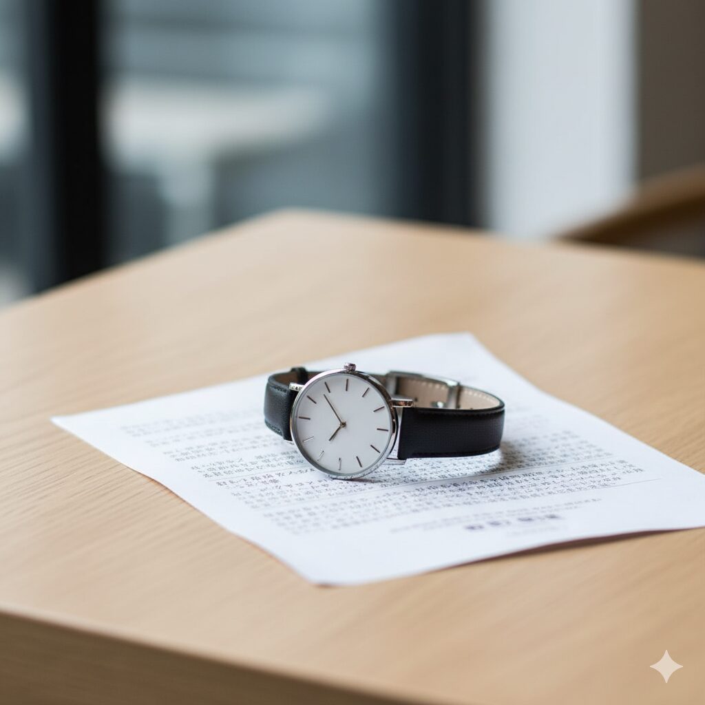 カフェのテーブルに置かれた、シンプルで洗練された北欧デザインの腕時計。