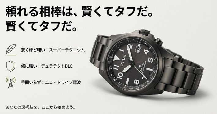 画像タイトル： 賢くてタフな相棒 AT6085-50E

代替テキスト： シチズンプロマスターランドAT6085-50Eの文字盤アップ写真と、スーパーチタニウム・DLC・エコドライブの特徴を示したタイトルスライド