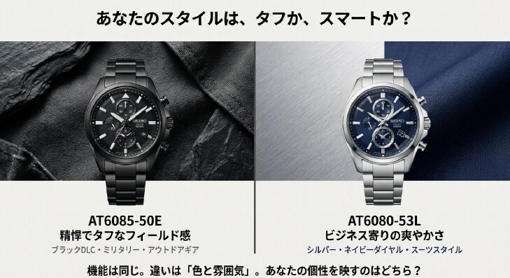 画像タイトル： ブラックDLCとシルバーチタンのスタイル比較

代替テキスト： 精悍なブラックDLC（AT6085）と爽やかなシルバー（AT6080）のスタイル比較チャート