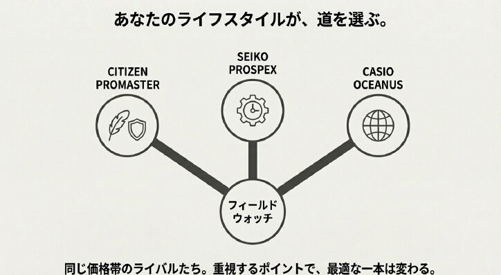 画像タイトル： 国産3大ウォッチブランドの比較

代替テキスト： シチズンプロマスター、セイコープロスペックス、カシオオシアナスの3ブランドとフィールドウォッチの位置づけを示す図