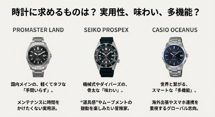 画像タイトル： ライフスタイル別・最適モデル診断チャート

代替テキスト： 実用性のプロマスター、味わいのプロスペックス、多機能のオシアナスを比較したチャート