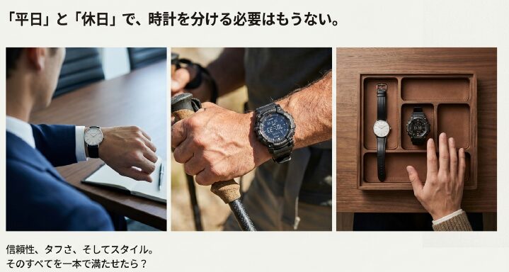 画像タイトル： オンオフ兼用の万能ウォッチ

代替テキスト： スーツ着用のビジネスシーンと登山のアウトドアシーンで使用される腕時計のイメージ比較