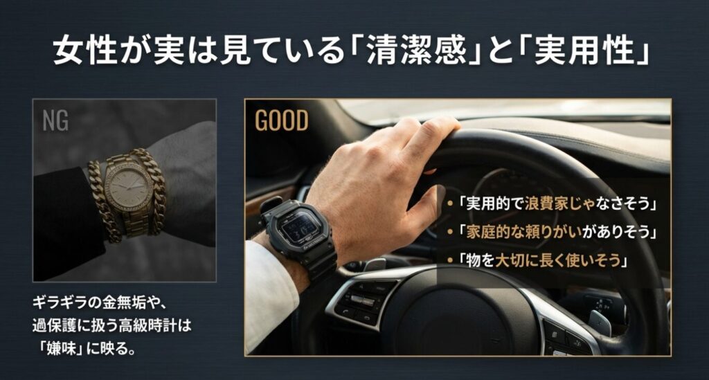 画像タイトル: 女性視点で見るG-SHOCKのNGとGOOD
代替テキスト: ギラギラの金無垢時計を「NG」、実用的なG-SHOCKを「GOOD」とし、女性が重視する清潔感や家庭的な頼りがいについて解説した比較画像。