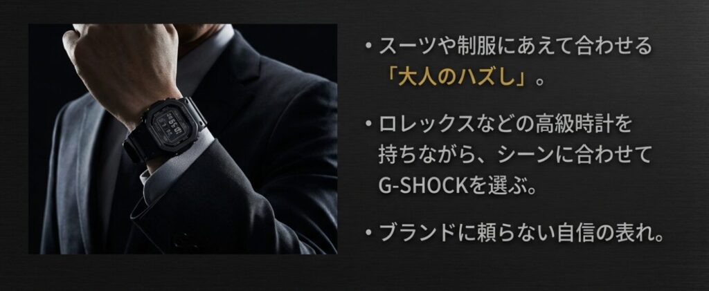 画像タイトル: スーツスタイルに合わせる大人のハズし
代替テキスト: スーツの袖口からG-SHOCKを覗かせた男性の画像。「大人のハズし」テクニックや、ブランドに頼らない自信の表れについて解説。