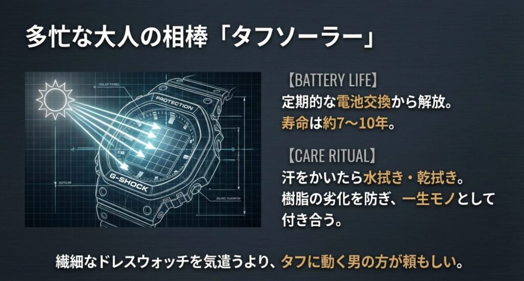 画像タイトル: 忙しい大人を支えるタフソーラー機能
代替テキスト: ソーラーパネルの構造図と共に、定期的な電池交換から解放されるメリットや、繊細な時計よりもタフに動ける頼もしさを説明した画像。