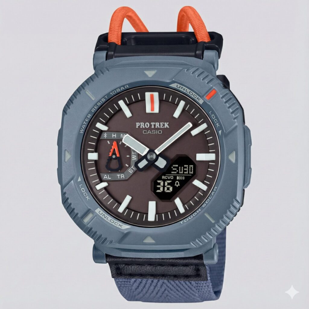 カシオ プロトレック ハイカーライン PRJ-B001B-2JF ダスティーブルー バンジーコードバンド仕様 正面全体図