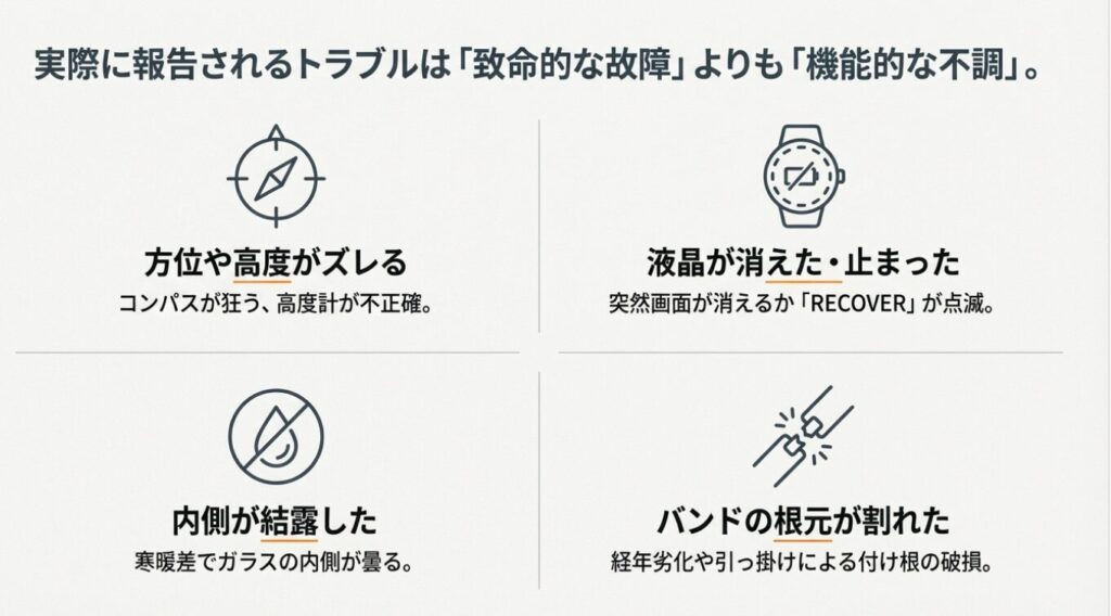 画像タイトル: プロトレックのよくある不調と症状

代替テキスト: 方位のズレ、液晶の消灯、内側の結露、バンド根元の破損など、ユーザーから報告される主なトラブル事例のアイコン。