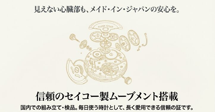 画像タイトル： セイコー製ムーブメントを搭載した内部構造

代替テキスト： 時計の内部構造（ムーブメント）の分解イラスト。「見えない心臓部も、メイド・イン・ジャパンの安心を」というコピーと、セイコー製ムーブメントの搭載を示すスライド 。