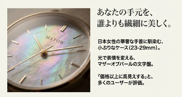 画像タイトル： MATOWがもっと好きになる3つの理由

代替テキスト： ベルト交換の仕組みのイラストとカラーパレット。「工具不要のベルト交換」「軽い着け心地」「花の名前がついた絶妙なカラー」の3つの特徴をまとめたスライド 。