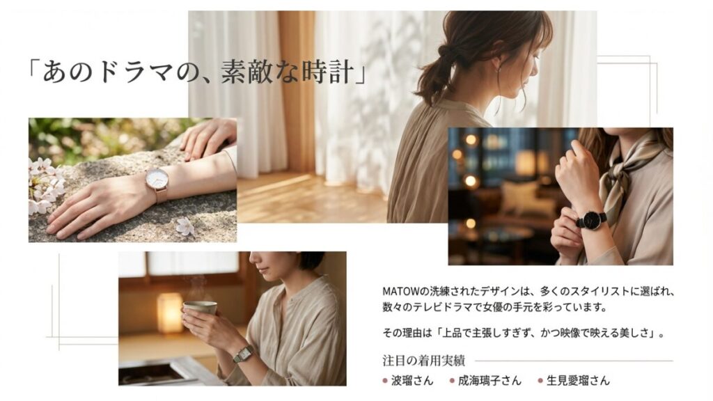 画像タイトル： 数々の人気ドラマで女優が着用するMATOWの腕時計

代替テキスト： 桜の下での着用イメージ。「あのドラマの、素敵な時計」というコピーとともに、波瑠さんや成海璃子さんなど多くの女優によるドラマ着用実績を紹介しているスライド 。