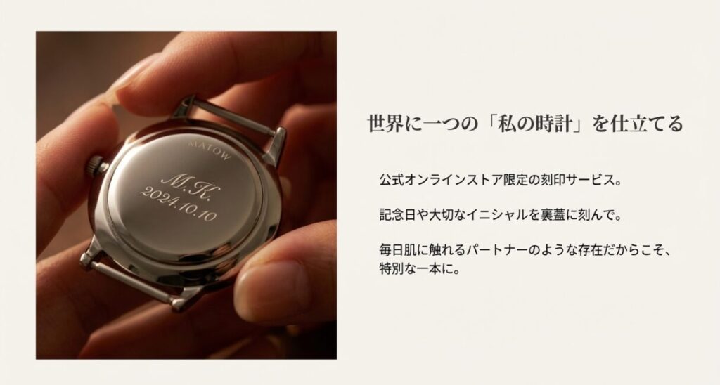 画像タイトル： 世界に一つの時計に仕立てる刻印サービス

代替テキスト： 時計の裏蓋にイニシャルと日付が刻印されているアップ写真。公式オンラインストア限定のサービスであることを強調した画像 。