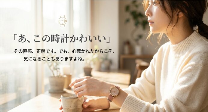 画像タイトル： MATOWの時計に惹かれた直感と、購入前の不安

代替テキスト： 「あ、この時計かわいい」というキャッチコピーのスライド。直感は正解としつつ、気になる点についても寄り添うメッセージ 。