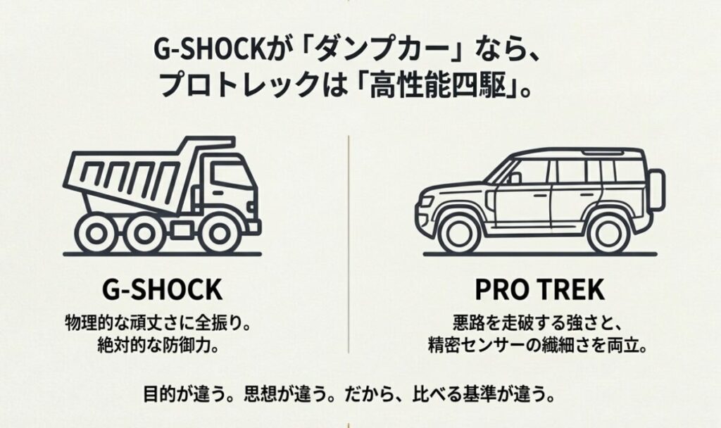 画像タイトル: G-SHOCKとプロトレックの耐久性の違い

代替テキスト: G-SHOCKをダンプカー（物理的な頑丈さ）、プロトレックを高性能四駆（悪路走破性と精密さ）に例えたイラスト比較図。