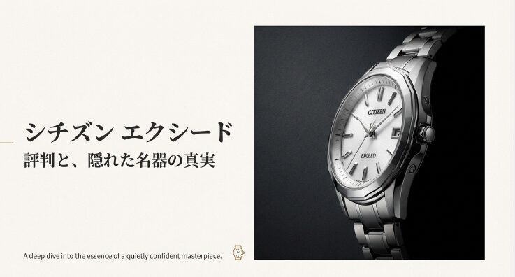 画像タイトル: シチズン エクシードの洗練されたデザイン

代替テキスト (alt): シチズン エクシード 腕時計 文字盤とケースのクローズアップ