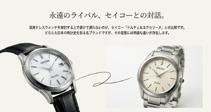 画像タイトル: 永遠のライバル：シチズン エクシード vs セイコー ドルチェ

代替テキスト (alt): シチズン エクシード セイコー ドルチェ 比較写真 腕時計