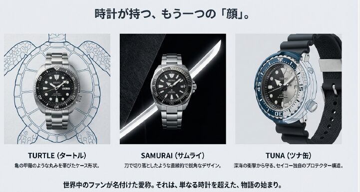 画像タイトル: Seiko-Prospex-Nicknames-Turtle-Samurai-Tuna

代替テキスト (alt): セイコーダイバーズの愛称図解。亀の甲羅のようなタートル、鋭角なサムライ、外胴プロテクターのツナ缶のデザイン比較。