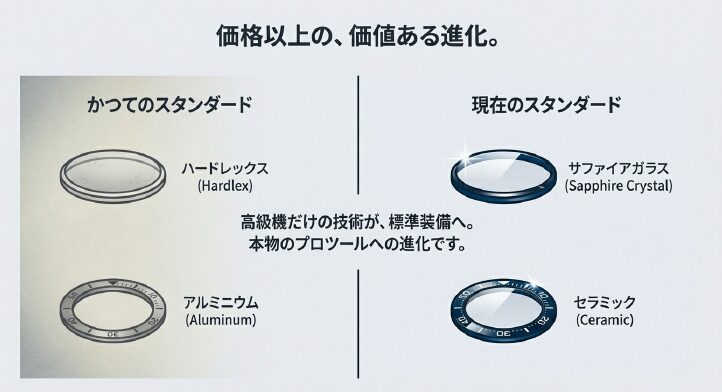 画像タイトル: Prospex-Spec-Evolution-Sapphire-Ceramic

代替テキスト (alt): プロスペックスの素材進化の比較。ハードレックスからサファイアガラスへ、アルミベゼルからセラミックベゼルへのスペックアップ図。