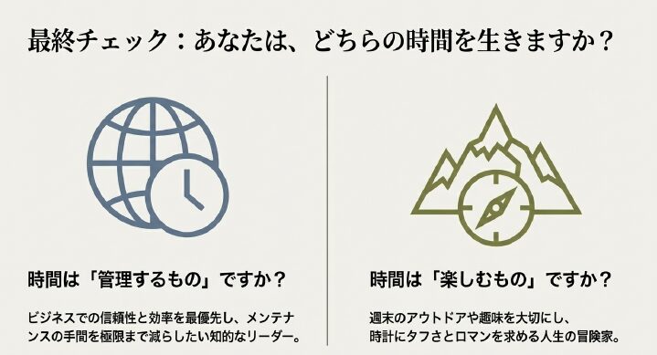 画像タイトル： 時間を管理するアストロンと時間を楽しむプロスペックス

代替テキスト（alt）： ビジネスシーンでの「管理」とアウトドアシーンでの「楽しみ」という、2つの異なる時計の哲学を対比した画像