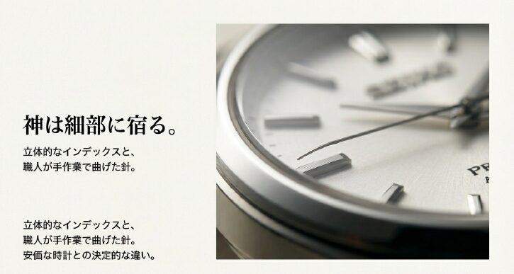 画像タイトル: 職人技が光るプレザージュの細部


代替テキスト: プレザージュの立体的なインデックスと職人が手作業で曲げた針のマクロ拡大写真。