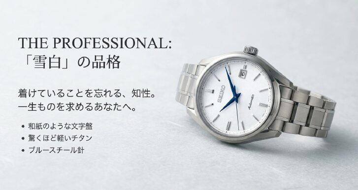 画像タイトル: 和紙のような雪白文字盤 SARX055


代替テキスト: セイコープレザージュSARX055。和紙のような雪白文字盤とブルースチール針、チタン外装のプロフェッショナルな外観。