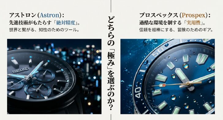 画像タイトル： アストロンとプロスペックスの選び方フローチャート

代替テキスト（alt）： 効率とスマートさを求めるならアストロン、ロマンとタフネスを求めるならプロスペックスへと導く判断フローチャート