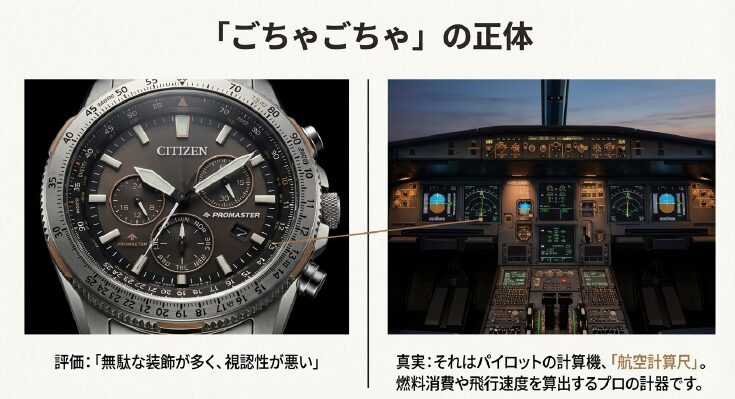 画像タイトル: プロマスター_航空計算尺とコックピット

代替テキスト(alt): プロマスターSKYシリーズの複雑な文字盤デザインと、航空機のコックピット計器の比較画像。機能美としてのデザインを表現。