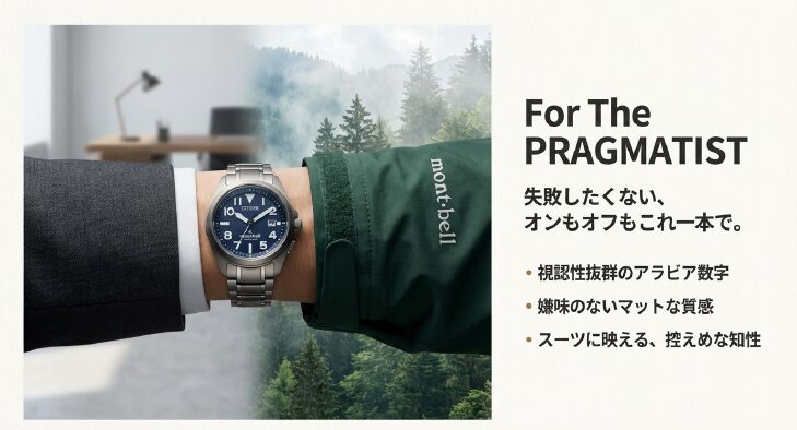 画像タイトル: プロマスター_ランド_モンベルコラボ着用イメージ

代替テキスト(alt): ビジネススーツの袖口から見えるシチズンプロマスター・モンベルコラボモデル。シンプルで視認性が高く、ビジネスシーンに馴染む様子。