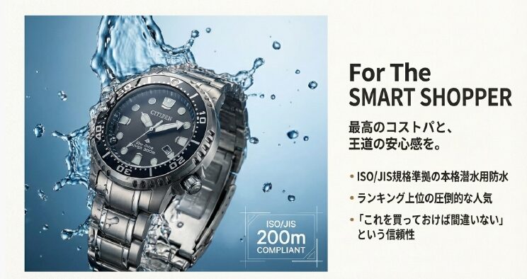 画像タイトル: プロマスター_マリン_エコドライブダイバー200m

代替テキスト(alt): 水しぶきを上げるシチズンプロマスター エコ・ドライブ ダイバー200m。ISO/JIS規格準拠の防水性能と人気ランキング上位の実力を表現。