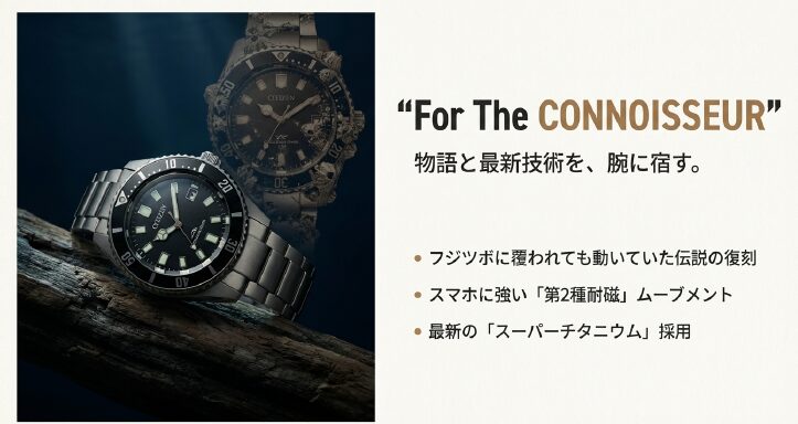 画像タイトル: プロマスター_メカニカルダイバー_フジツボ復刻

代替テキスト(alt): シチズンプロマスター「フジツボダイバー」ことメカニカルダイバー200m。伝説のチャレンジダイバーのデザインを現代のスーパーチタニウムと耐磁性能で復刻。