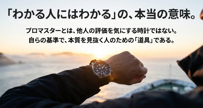 画像タイトル: プロマスター_本質を見抜く人の道具

代替テキスト(alt): 夕日を背景にしたプロマスター着用イメージ。「わかる人にはわかる」というキャッチコピーと共に、他人の評価ではなく本質で選ぶことの価値を伝える。