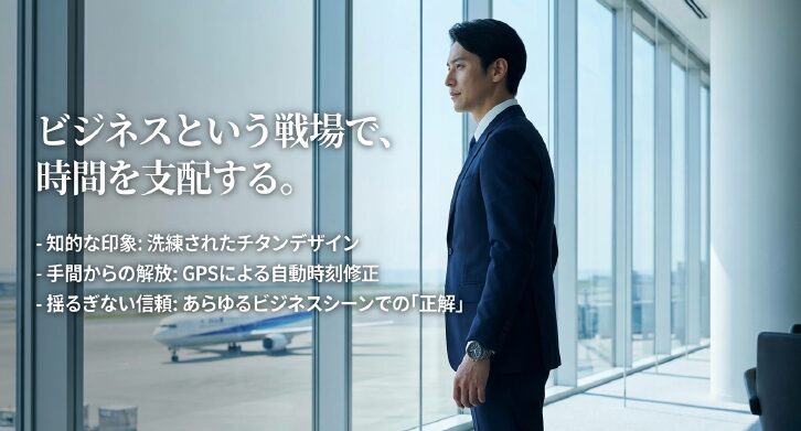 画像タイトル： ビジネスシーンにおけるセイコーアストロン

代替テキスト（alt）： チタンデザインのアストロンがビジネスシーンで知的な印象を与えることを説明するスライド