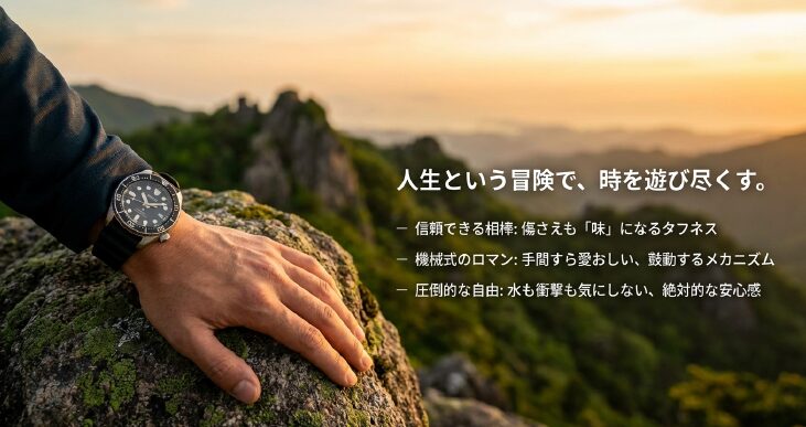 画像タイトル： 冒険の相棒 セイコープロスペックス

代替テキスト（alt）： ダイバーズウォッチのタフネスと機械式のロマンを訴求するプロスペックスのスライド